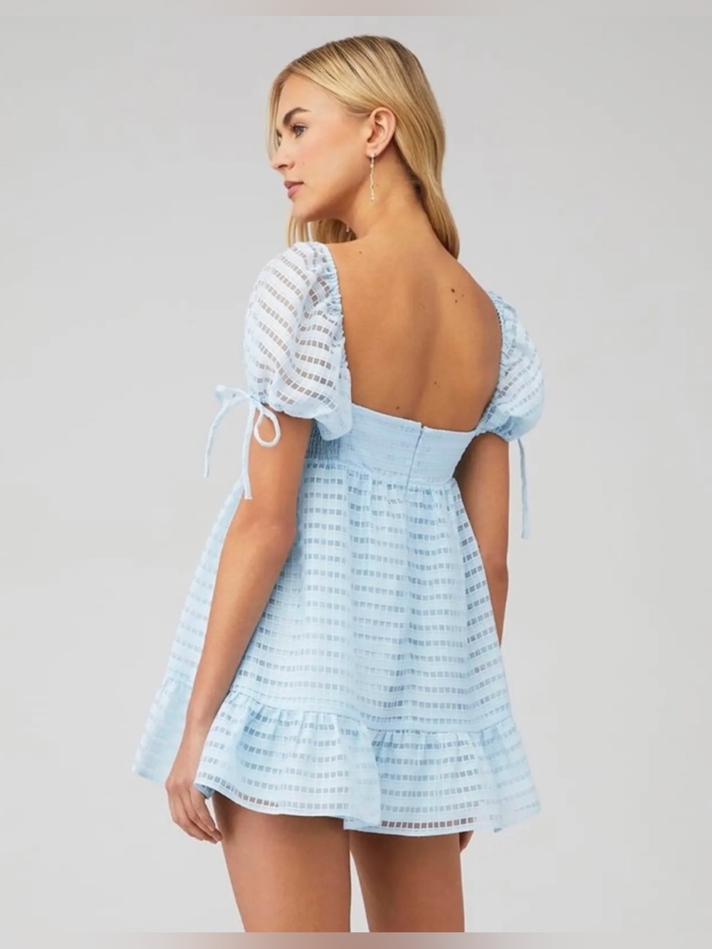 Amanda Uprichard Sicily Mini Dress Powder Blue Textured Puff Sleeve Medium - Picture 13 of 14